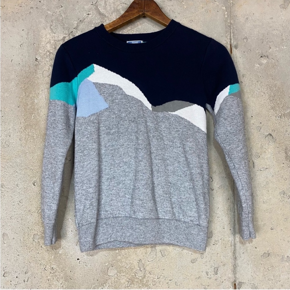 Jacadi Paris navy blue aqua gray mountains boho crewneck sweater boys 10